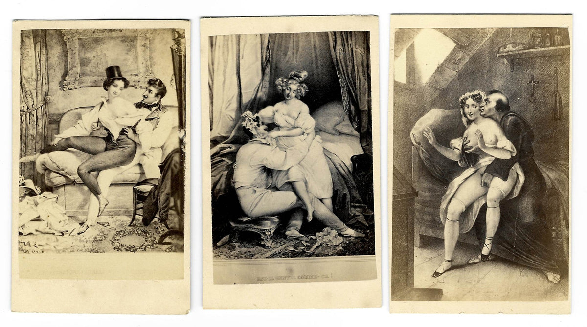 Trio of Antique Illustrated Risque Carte de Visite C.D.V. Filler Cards Depicting Romantic and Erotic Couples in Interior Settings