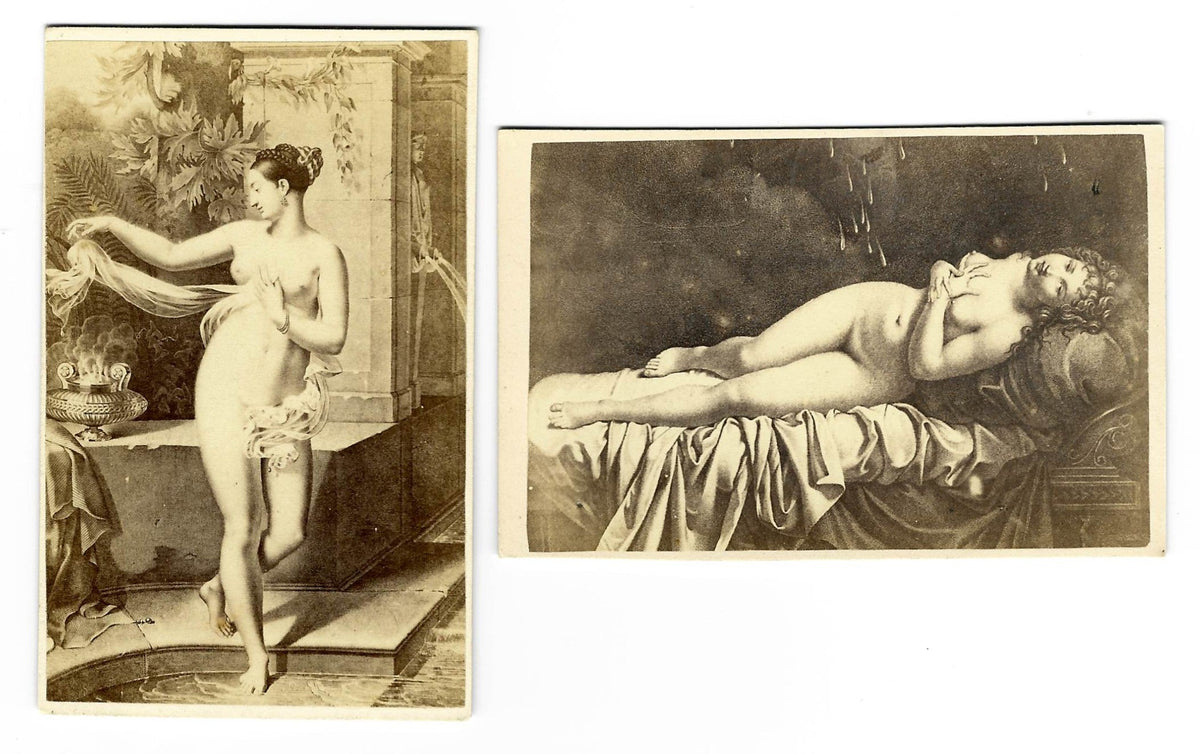 Pair of Antique Illustrated Carte de Visite C.D.V. Filler Cards Depicting Classical Nude Figures including a Standing Bather and a Reclining Woman