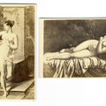Lot 027 - Pair of Antique Illustrated Carte De Visite C.D.V. Filler Cards Depicting Classical Nude Figures Including a Standing Bather and a Reclining Woman