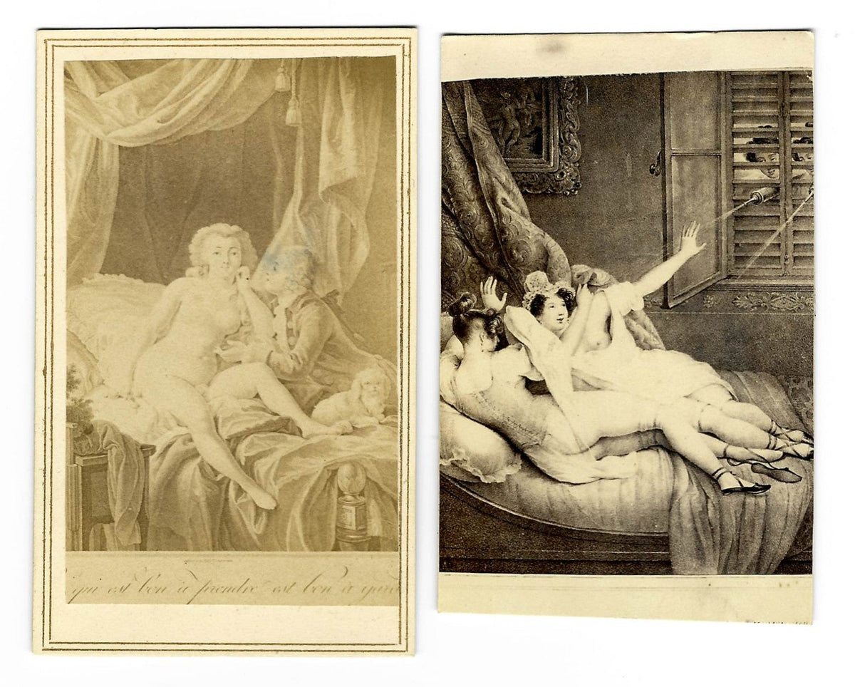 Pair of Antique Illustrated Carte de Visite C.D.V. Filler Cards Depicting Risque French Boudoir Scenes