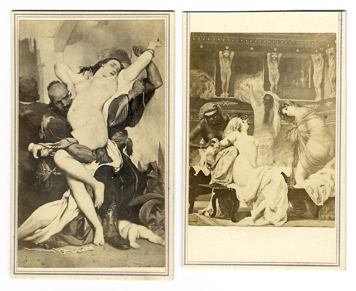 Pair of Antique Illustrated Carte de Visite C.D.V. Filler Cards Depicting Classical Nude Scenes including an Abduction Scene and a Palace Bathing Scene