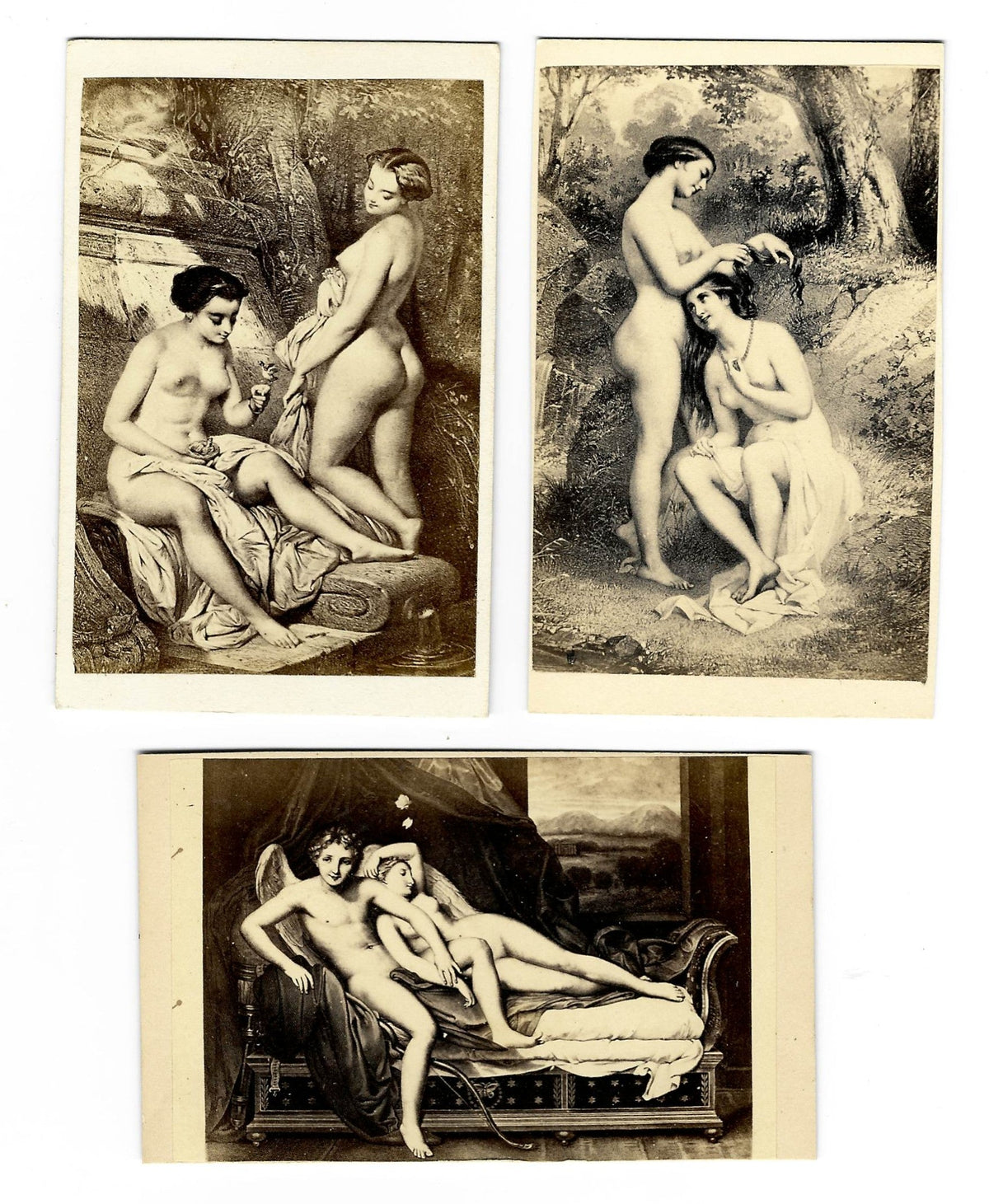 Trio of Antique Illustrated Carte de Visite C.D.V. Filler Cards Depicting Nude Female Figures in Classical and Mythological Scenes