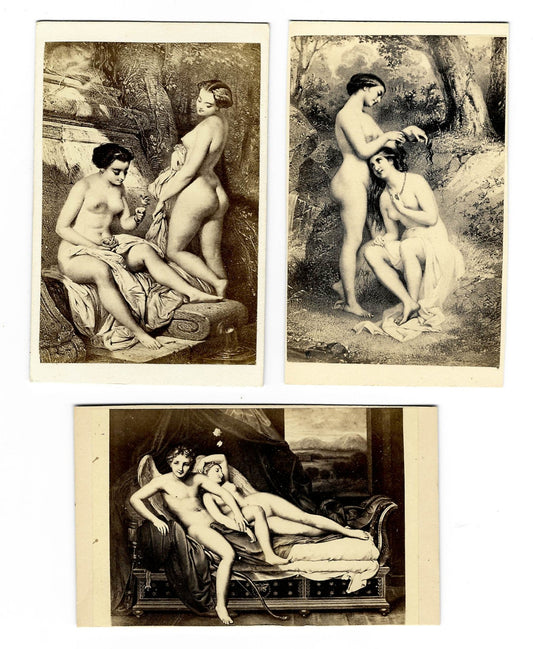 Trio of Antique Illustrated Carte de Visite C.D.V. Filler Cards Depicting Nude Female Figures in Classical and Mythological Scenes