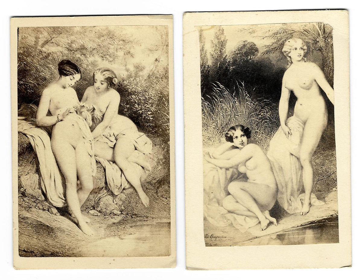 Pair of Antique Illustrated Carte de Visite C.D.V. Filler Cards Depicting Nude Bathers in Pastoral Settings