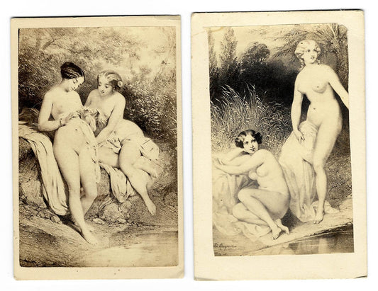 Pair of Antique Illustrated Carte de Visite C.D.V. Filler Cards Depicting Nude Bathers in Pastoral Settings