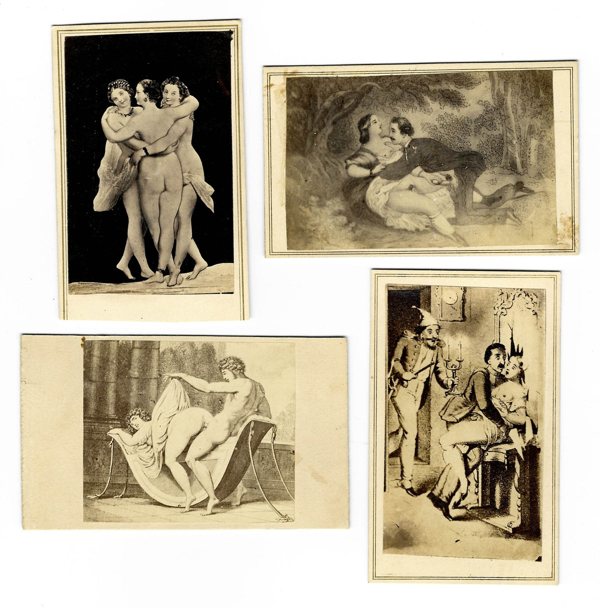 Grouping of Four Antique Illustrated Carte de Visite C.D.V. Filler Cards Depicting Nude and Risque Subjects including The Three Graces and a Sex Act in a Woodland Setting