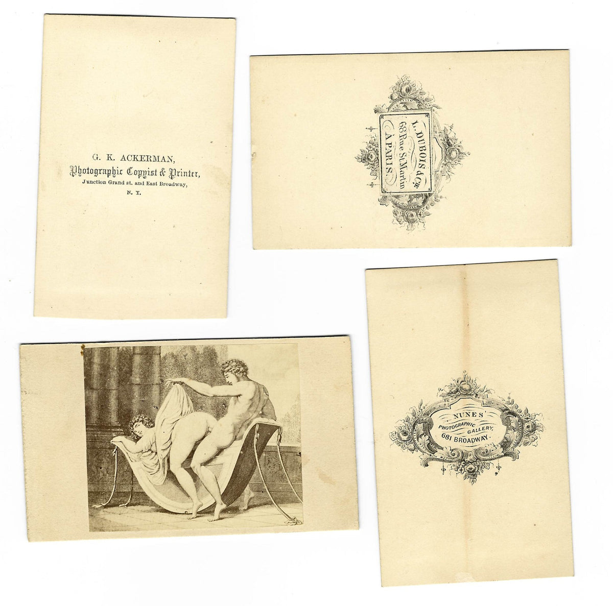 Grouping of Four Antique Illustrated Carte de Visite C.D.V. Filler Cards Depicting Nude and Risque Subjects including The Three Graces and a Sex Act in a Woodland Setting