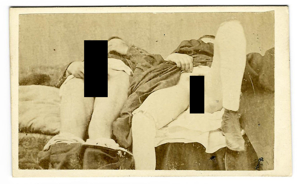 Antique Risque Carte de Visite C.D.V. Photograph of a Reclining Man and Woman with Private Parts Exposed