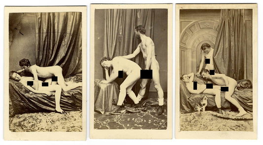 Trio of Antique Carte de Visite C.D.V. Photographs Depicting Nude Couples Engaged in Sex Acts, Studio Settings with Draped Backdrops