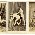 Lot 037 - Trio of Antique Carte De Visite C.D.V. Photographs Depicting Nude Couples Engaged in Sex Acts, Studio Settings with Draped Backdrops