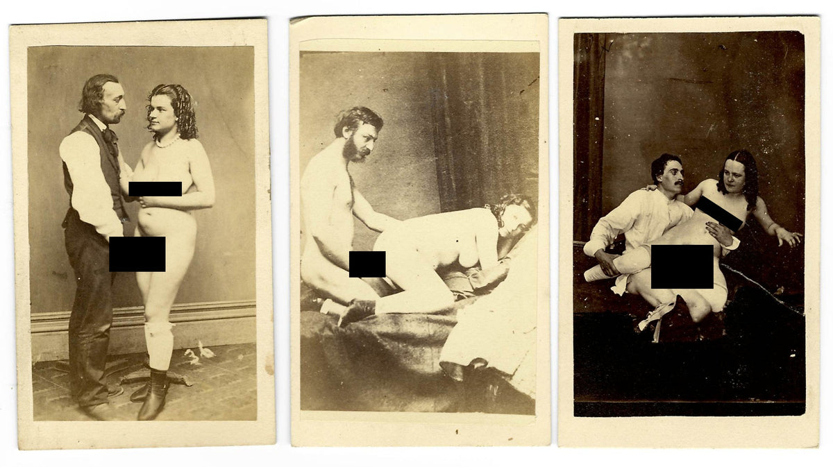 Trio of Antique Carte de Visite C.D.V. Photographs Depicting Nude Couples Engaged in Sex Acts