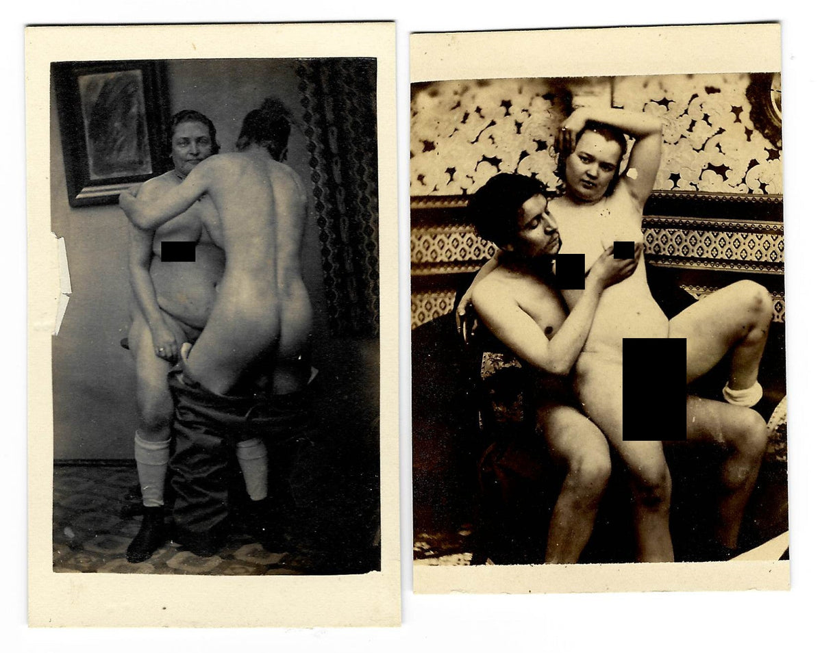 Pair of Antique Carte de Visite C.D.V. Photographs Depicting Two Nude Figures Engaged in a Sex Act