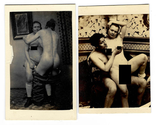 Pair of Antique Carte de Visite C.D.V. Photographs Depicting Two Nude Figures Engaged in a Sex Act