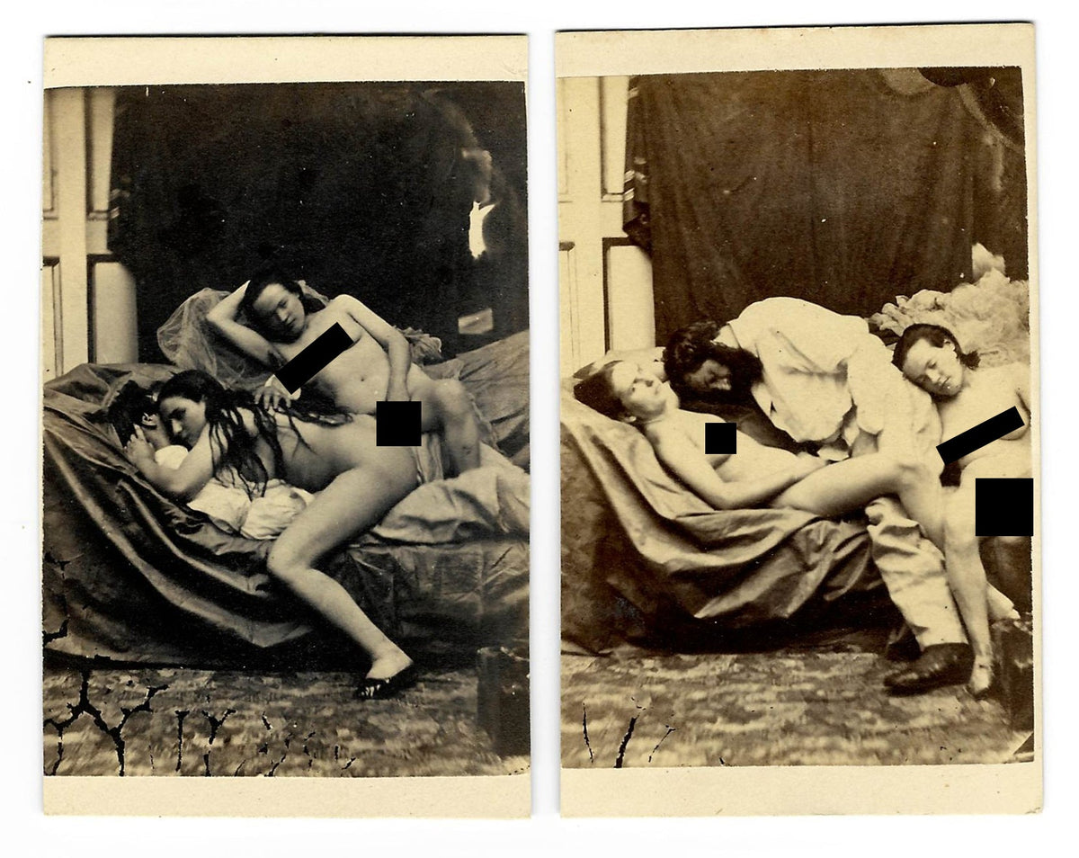 Pair of Antique Carte de Visite C.D.V. Photographs Depicting Sex Acts Between a Man and Two Women