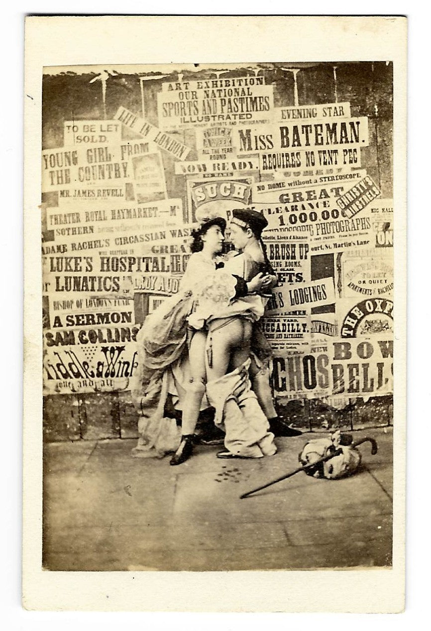 Antique Carte de Visite C.D.V. Photograph of a Couple Embracing Before a Wall of London Theater and Advertising Posters