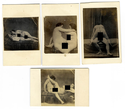 Grouping of Four Antique Carte de Visite C.D.V. Photographs Depicting Nude Couples Engaged in Sex Acts