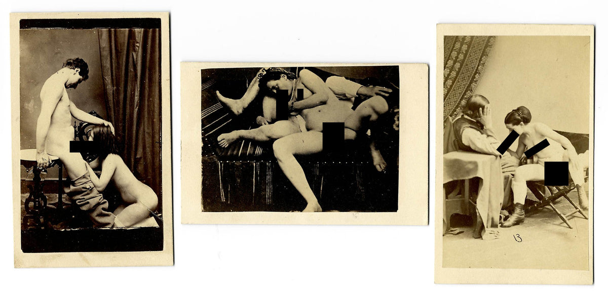 Trio of Antique Carte de Visite C.D.V. Photographs Depicting Nude Couples Engaged in Sex Acts