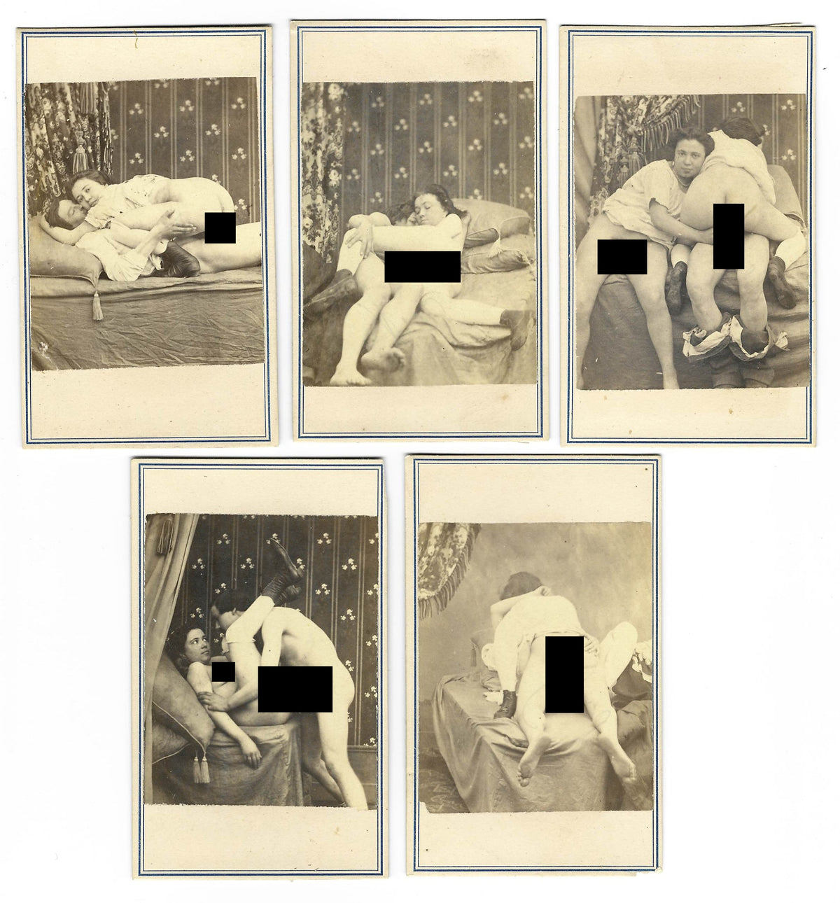 Grouping of Five Antique Carte de Visite C.D.V. Photographs Depicting Nude Couples Engaged in Sex Acts
