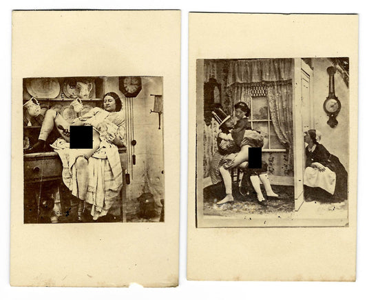 Pair of Antique Carte de Visite C.D.V. Photographs Depicting Sex Acts in Staged Interior Settings including a Kitchen Scene and a Parlor Scene with Onlooker