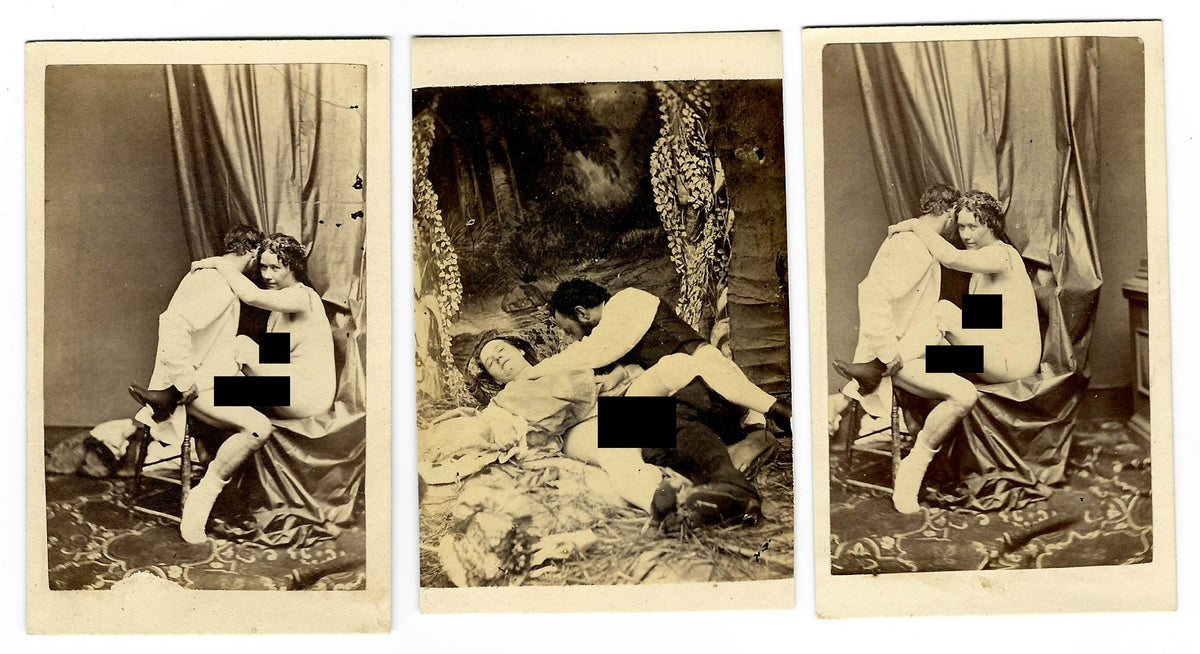 Trio of Antique Carte de Visite C.D.V. Photographs Depicting Couples Engaged in Sex Acts, Studio Settings with Drapery and Painted Backdrops