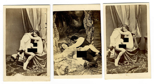 Trio of Antique Carte de Visite C.D.V. Photographs Depicting Couples Engaged in Sex Acts, Studio Settings with Drapery and Painted Backdrops
