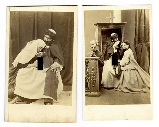 Pair of Antique Carte de Visite C.D.V. Photographs Depicting Risque Staged Scenes with Figures in Clerical Costume