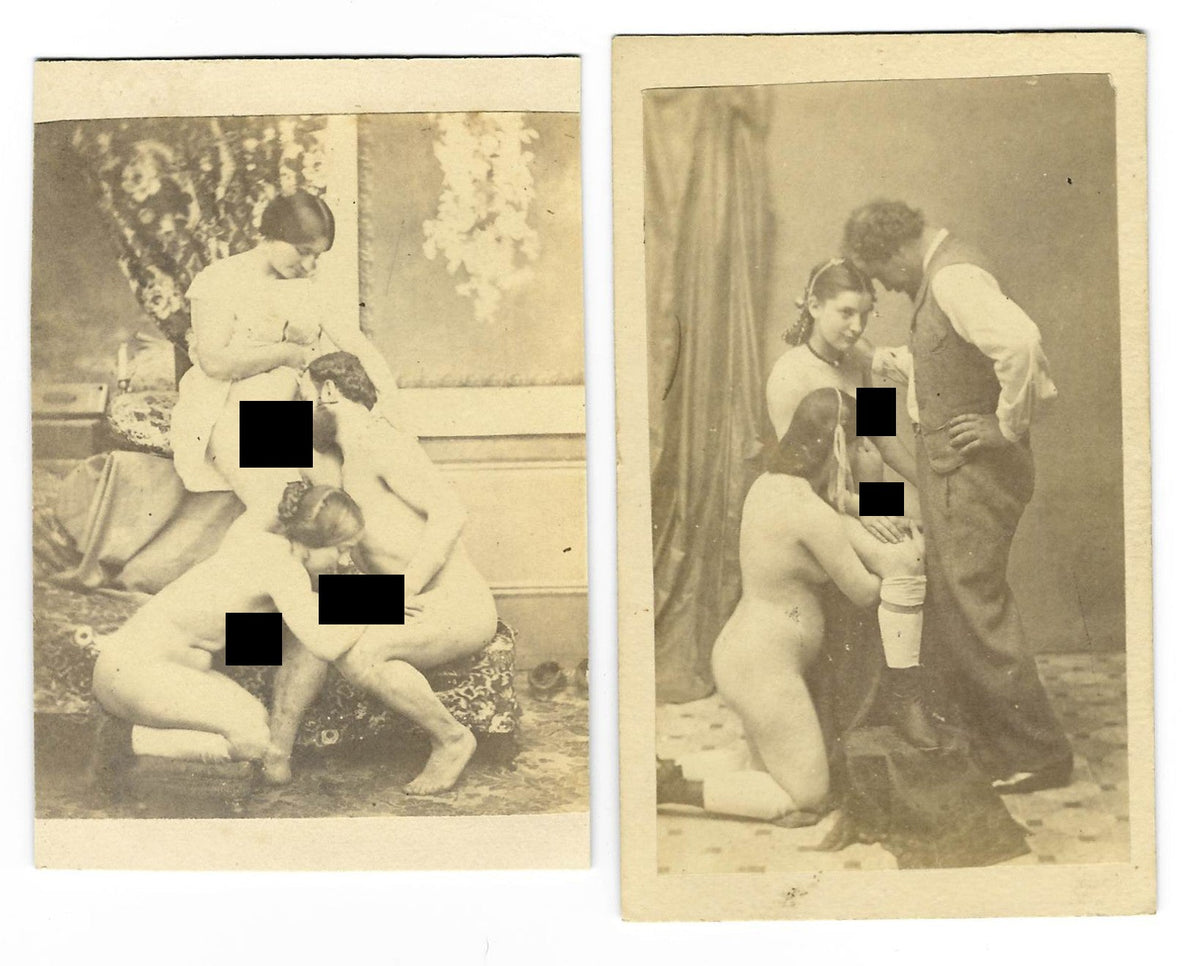 Pair of Antique Carte de Visite C.D.V. Photographs Depicting Sex Acts in Studio Settings
