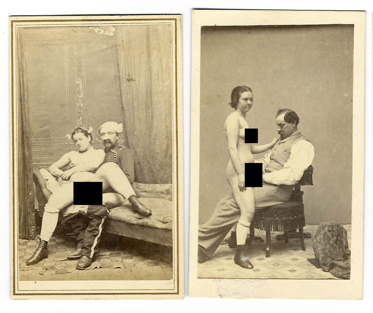 Pair of Antique Carte de Visite C.D.V. Photographs Depicting a Nude Woman and Clothed Man Engaged in Sex Acts
