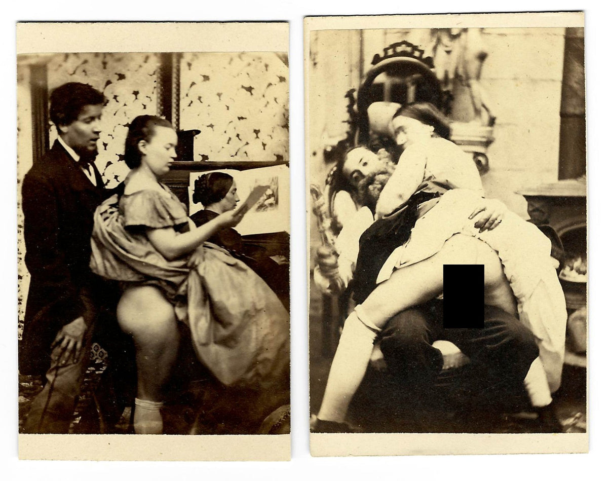 Pair of Antique Risque Carte de Visite C.D.V. Photographs of a Man and Woman Engaged in Sex Acts