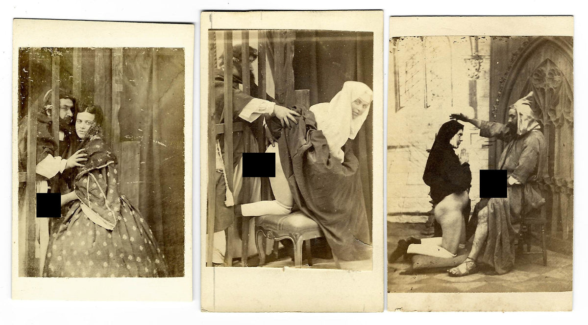 Trio of Antique Risque Carte de Visite C.D.V. Photographs Depicting Sex Acts Between Clergy and Women