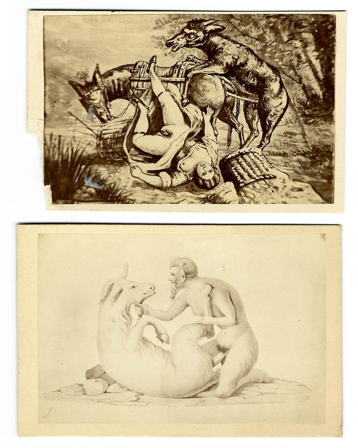 Pair of Antique Illustrated Carte de Visite C.D.V. Filler Cards Depicting Nude Figures and Animals in Comic Scenes