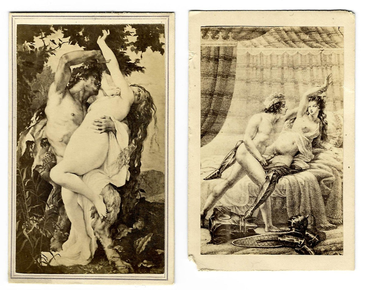 Pair of Antique Illustrated Carte de Visite C.D.V. Filler Cards Depicting Mythological Nude Figures in Sex Acts