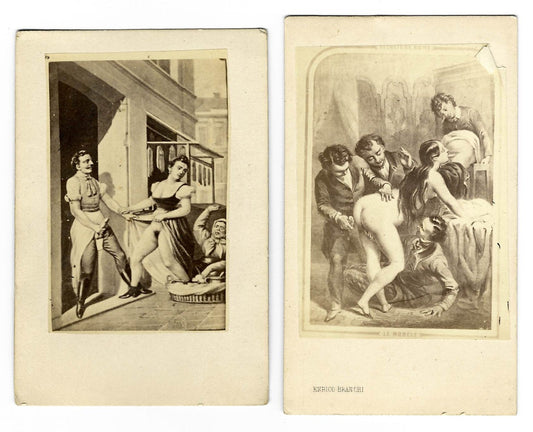 Pair of Antique Illustrated Carte de Visite C.D.V. Filler Cards Depicting Risque Scenes, Enrico Branchi, Genova, Italy