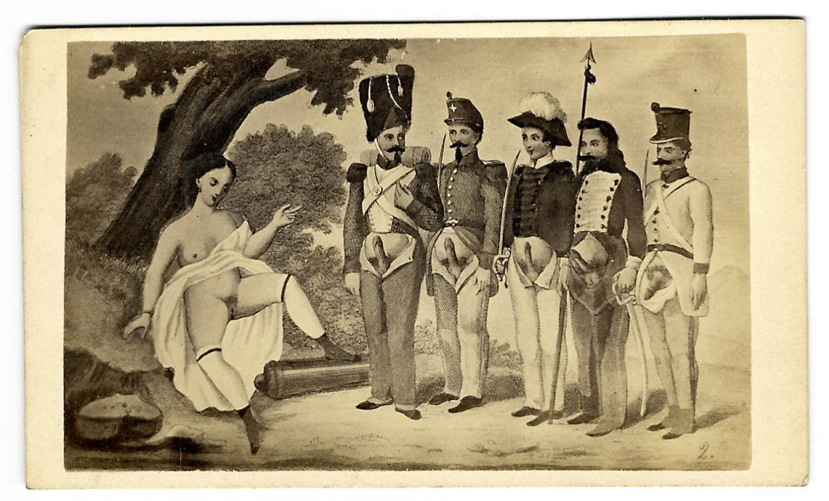 Antique Illustrated Carte de Visite C.D.V. Filler Card, "La Revista" ("The Review"), Nude Woman with Five Soldiers, Numbered "2"