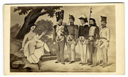 Antique Illustrated Carte de Visite C.D.V. Filler Card, "La Revista" ("The Review"), Nude Woman with Five Soldiers, Numbered "2"