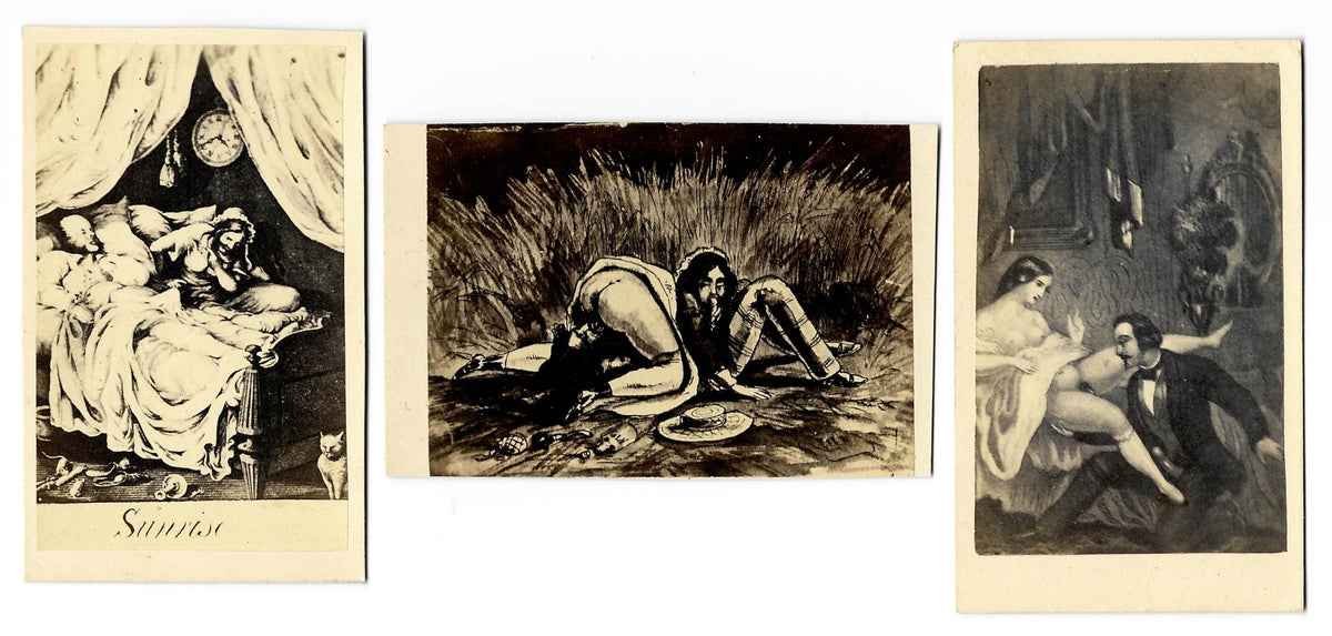 Trio of Antique Illustrated Risque Carte de Visite C.D.V. Filler Cards Depicting Sex Acts including "Sunrise" Bedroom Scene