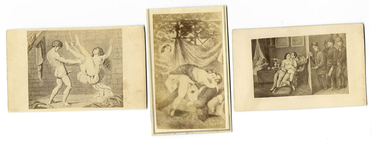 Trio of Antique Illustrated Carte de Visite C.D.V. Filler Cards Depicting Nude Figures and Sex Acts, One with Nunes Photographic Gallery 681 Broadway Back Mark