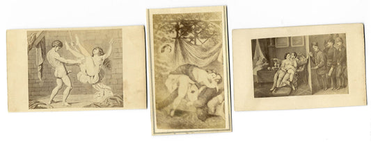 Trio of Antique Illustrated Carte de Visite C.D.V. Filler Cards Depicting Nude Figures and Sex Acts, One with Nunes Photographic Gallery 681 Broadway Back Mark