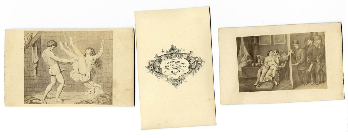 Trio of Antique Illustrated Carte de Visite C.D.V. Filler Cards Depicting Nude Figures and Sex Acts, One with Nunes Photographic Gallery 681 Broadway Back Mark