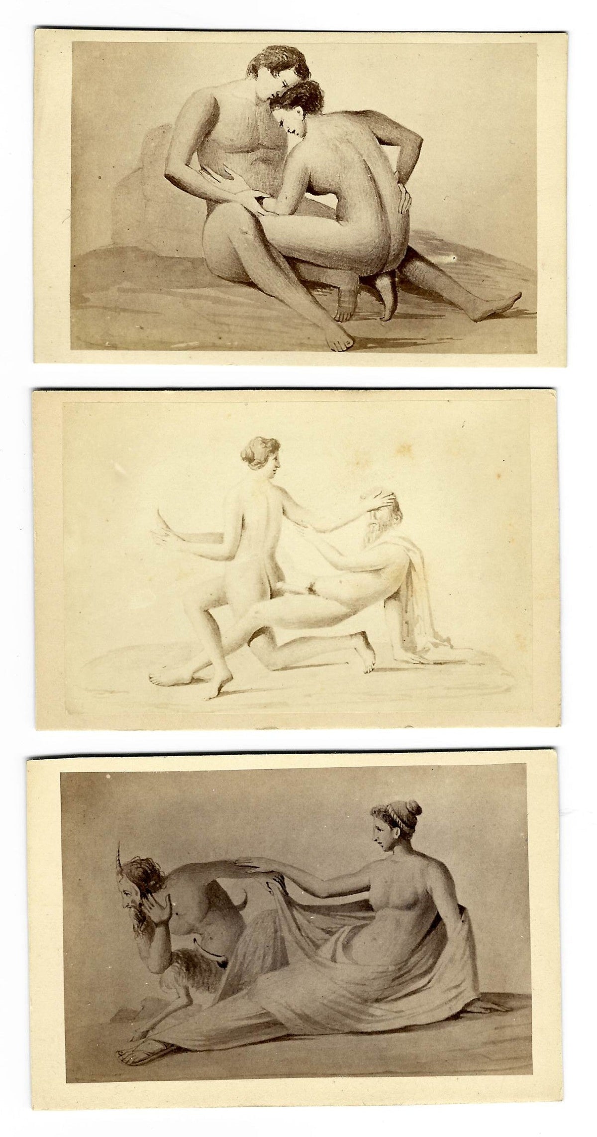 Trio of Antique Illustrated Carte de Visite C.D.V. Filler Cards Depicting Classical Nude Figures and Sex Acts including a Satyr and Reclining Woman