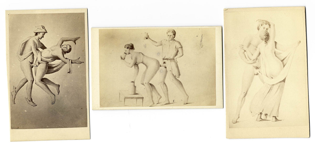Trio of Antique Illustrated Carte de Visite C.D.V. Filler Cards Depicting Figures Engaged in Sex Acts