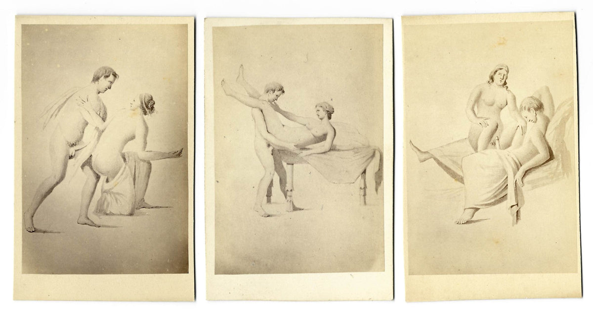 Trio of Antique Illustrated Carte de Visite C.D.V. Filler Cards Depicting Nude Figures Engaged in Sex Acts