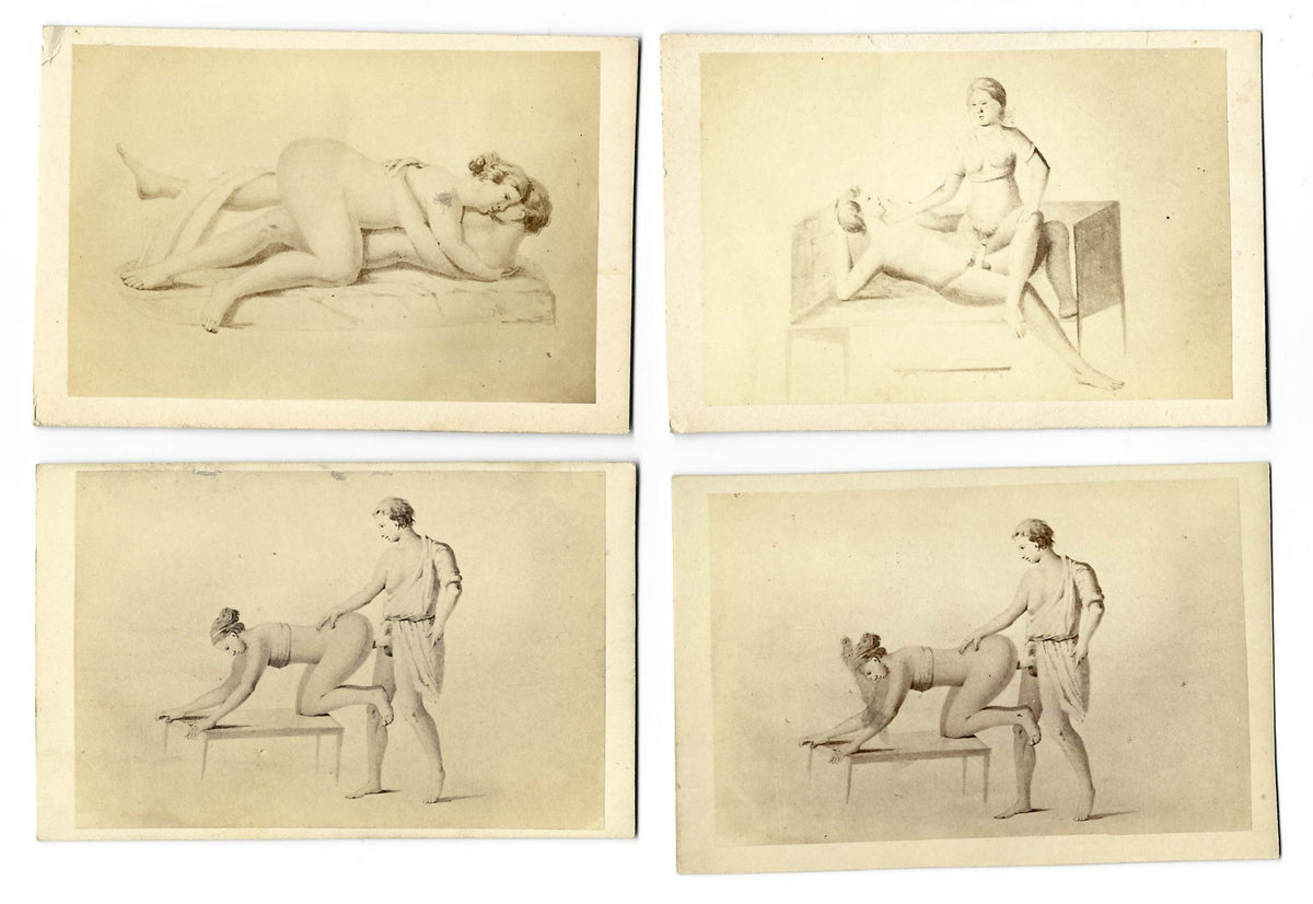 Grouping of Four Antique Illustrated Carte de Visite C.D.V. Filler Cards Depicting Nude Figures Engaged in Sex Acts