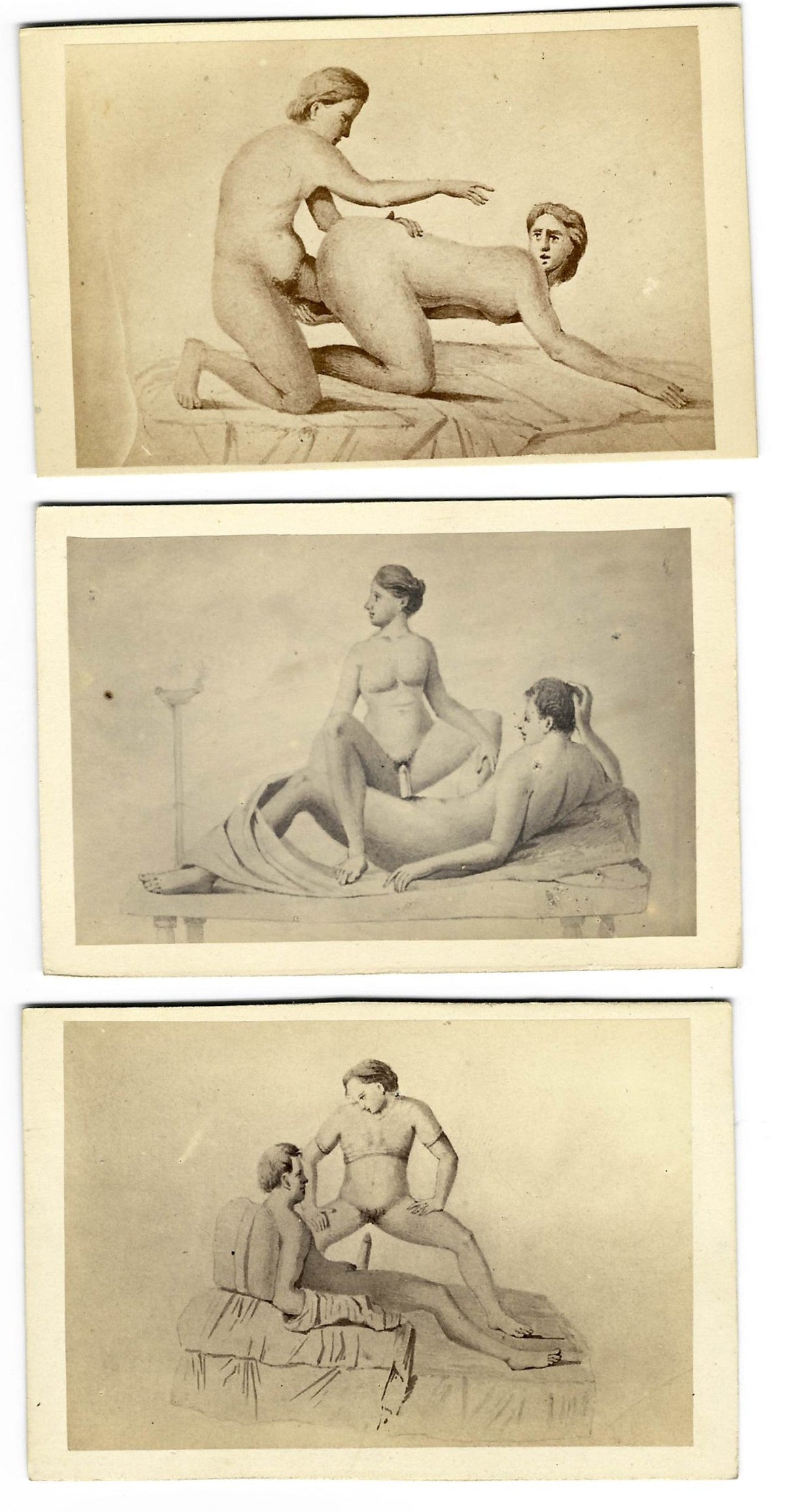 Trio of Antique Illustrated Carte de Visite C.D.V. Filler Cards Depicting Nude Figures Engaged in Sex Acts