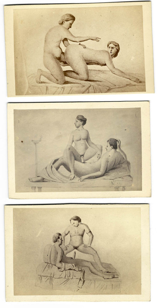 Trio of Antique Illustrated Carte de Visite C.D.V. Filler Cards Depicting Nude Figures Engaged in Sex Acts