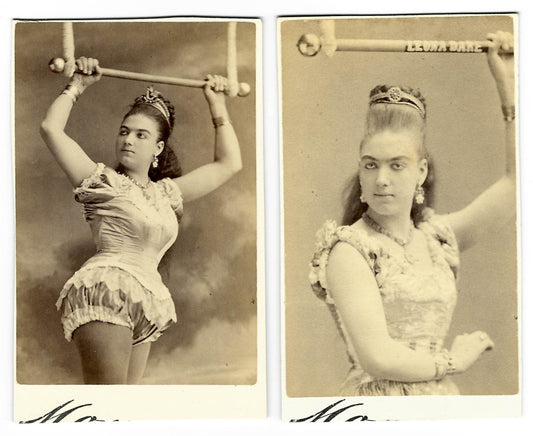 Pair of Antique Carte de Visite C.D.V. Photographs of Trapeze Artist Leona Dare on Trapeze Bar, Photographed by Mora, Broadway, New York