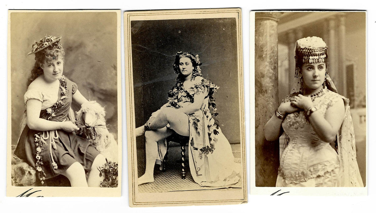 Trio of Antique Carte de Visite C.D.V. Photographs of Performers and Actresses including Two Photographed by Mora, Broadway, New York