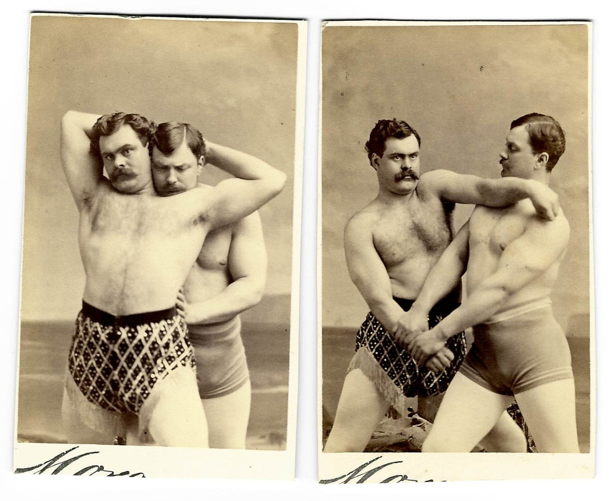 Pair of Antique Carte de Visite C.D.V. Photographs of Two Wrestlers in Grappling Poses, Photographed by Mora, Broadway, New York
