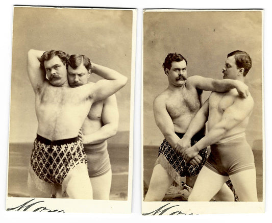 Pair of Antique Carte de Visite C.D.V. Photographs of Two Wrestlers in Grappling Poses, Photographed by Mora, Broadway, New York