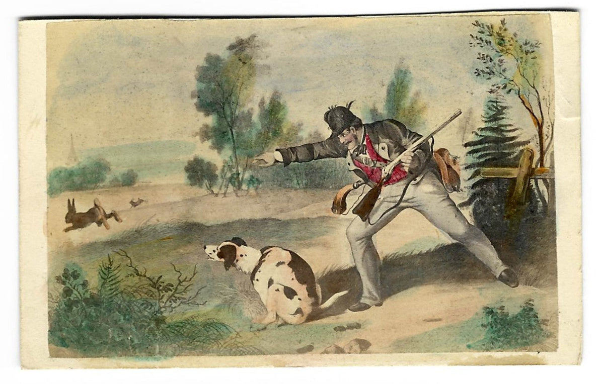 Antique Carte de Visite C.D.V. Illustrated Filler Card of a Comic Hunting Scene with a Dog Scooting Its Rear on the Ground